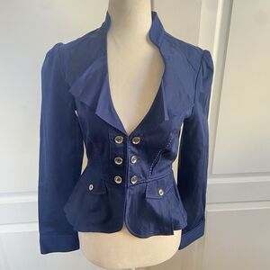 White House Black Market Blazer Jacket Ruffle Pleated Navy Blue Size 0